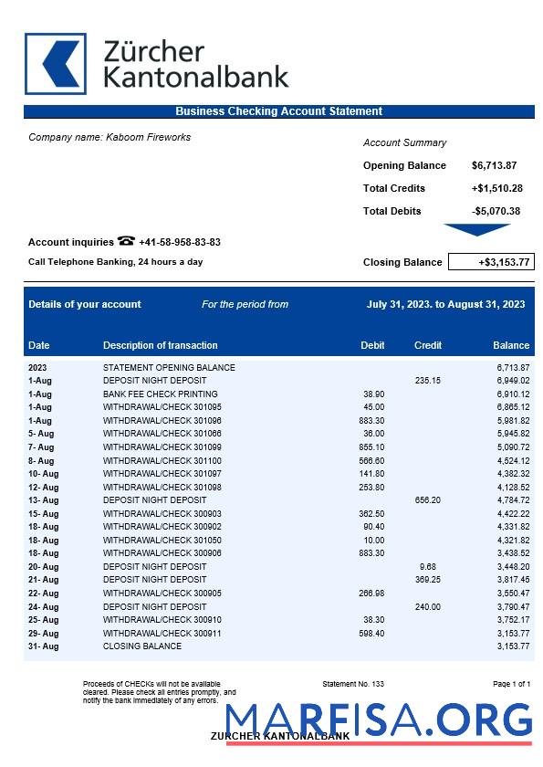 Blank Zürcher Kantonalbank business statement Word and PDF template
